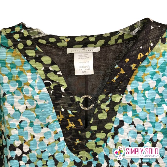 Papillon Blanc Women's A-Line Dress Long Sleeve V-Neck Blue Green Colorblock M - Picture 3 of 10